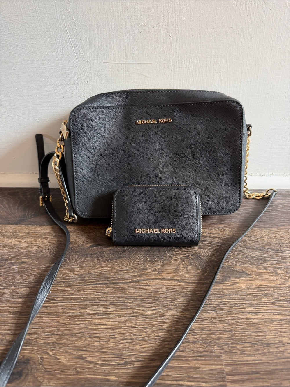 Michael Kors Black Saffiano Crossbody with Gold Hardware and Matching Wallet